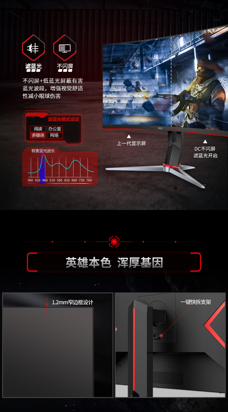 AOC CQ27G2 27英寸 2K 创新曲率1500R 广色域 144Hz HDREffect技术 人体工学支架 游戏电竞曲面显示器【1380.0】