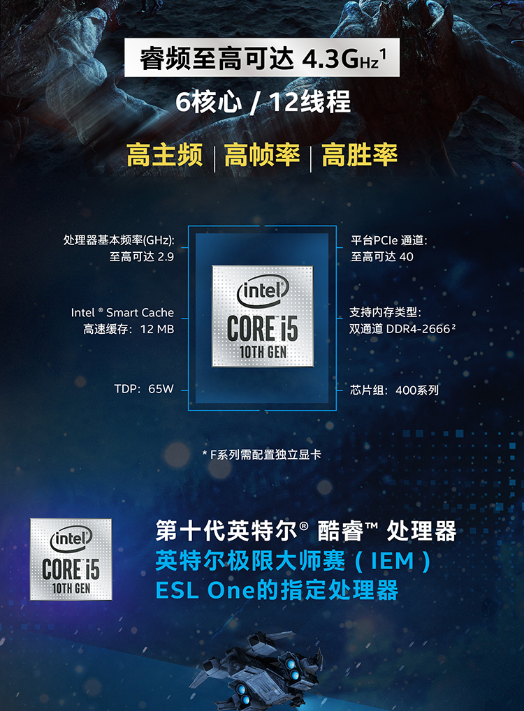 英特尔（Intel）i5-10400F 酷睿六核 盒装CPU处理器【1350.0】