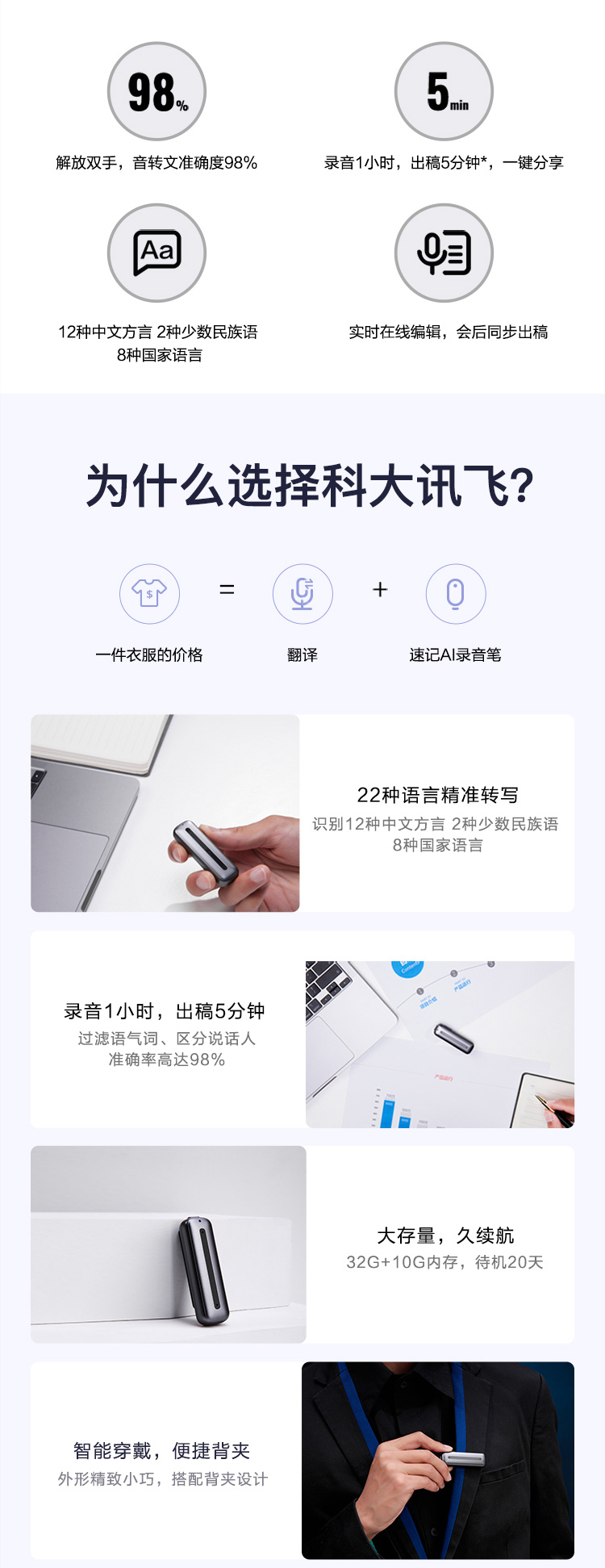 科大讯飞 录音笔 B1 32G 随身降噪转文字职场长续航商务会议记录【390.0】