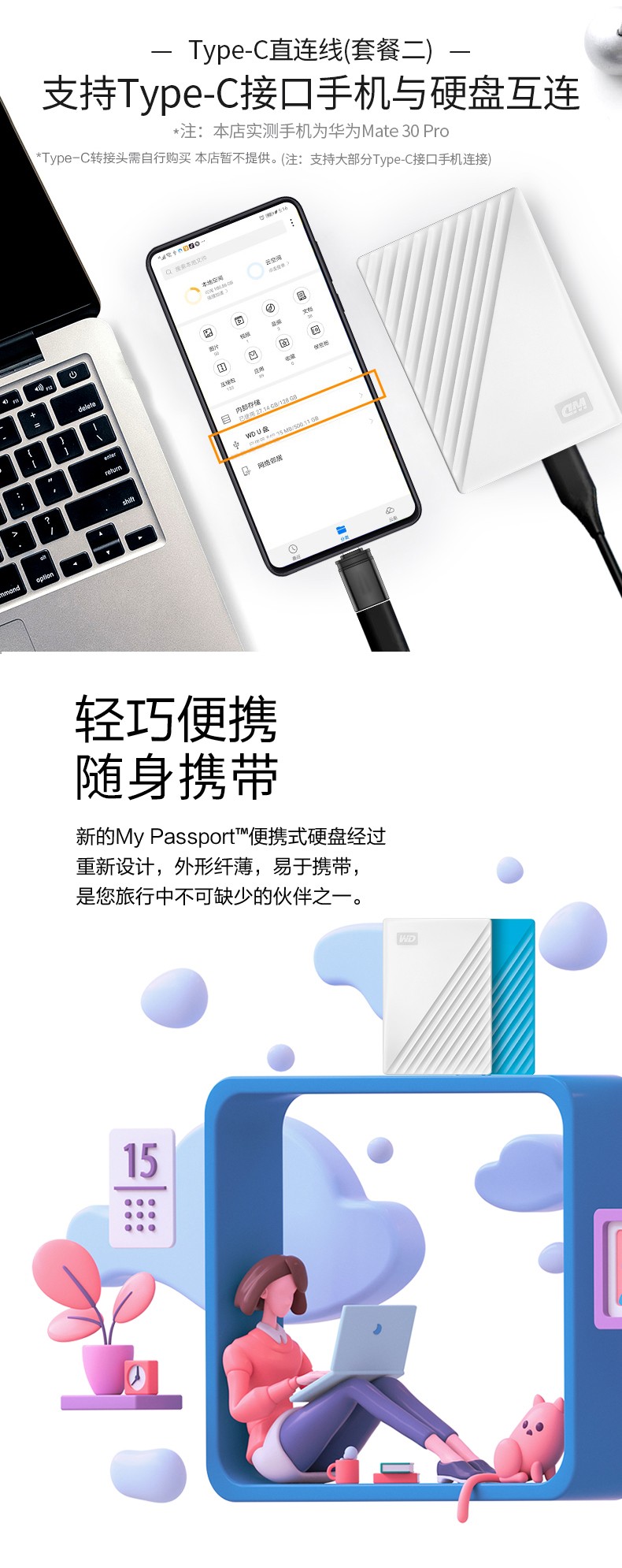 西部数据(WD) 1TB 移动硬盘 USB3.0 My Passport随行版 2.5英寸 黑色 机械硬盘 便携 自动备份 兼容Mac【429.0】