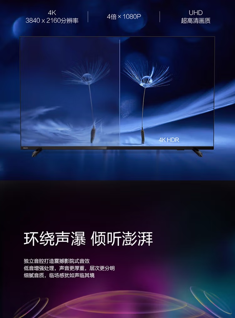 飞利浦（PHILIPS）50PUF7065_T3 50英寸 4K超高清 全面屏 网络WIFI人工智能语音电视【1999.0】